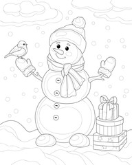 Snowman in a hat and scarf with a titmouse and gifts. Black and white vector illustration. Coloring.
