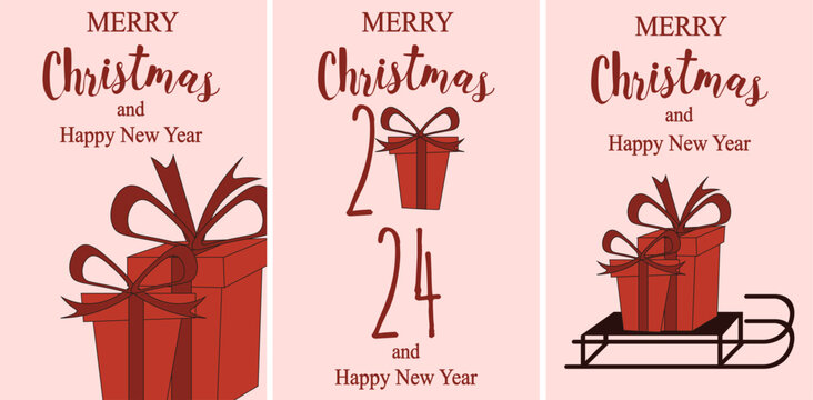 Joyful Set Trendy Christmas card design with Christmas gift in modern retro groovy style. Collection template 2024 Xmas poster , banner, card cover. Vector illustration.