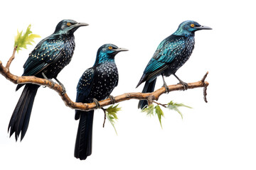 Image of group of an asian koel birds on a branch on a white background. Birds. Animals.