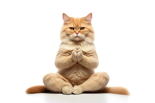 Image of cute cat doing yoga on white background. Pet, Animals.