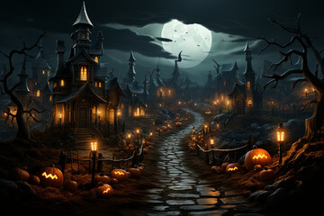Fototapeta na wymiar Eerie Halloween Scenes: Glowing Pumpkin Lanterns, Moonlit Mystic Forests, Graveyard with Spooky Pumpkins, & Atmospheric Haunting Backdrops. Ai Generative