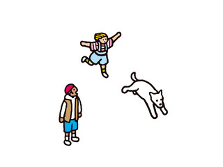 犬と一緒に走る90年代ファッションの女の子とそれを見る男の子