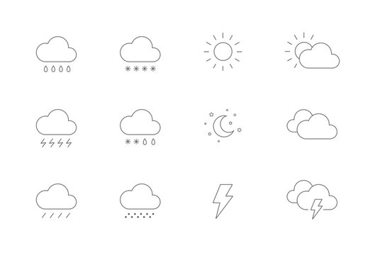 Weather icon set. Clouds, sun, moon, lightning