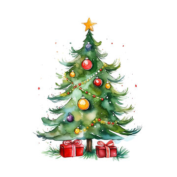 Christmas tree watercolor. cartoon illustration. Decorative Christmas ornament