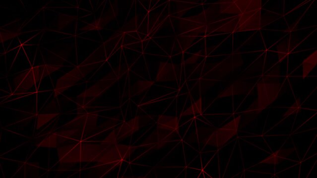 red flashing lines and dots with multiple polygon shape on black background, dark futuristic 3d technology background