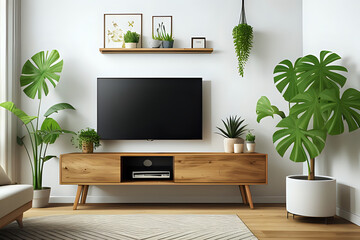 Wooden TV interior wall cabinet Mockup with tropical style small plant in living room place with free space in the middle of the image to present the product. Template