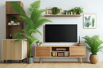 Wooden TV interior wall cabinet Mockup with tropical style small plant in living room place with free space in the middle of the image to present the product. 3d rendering