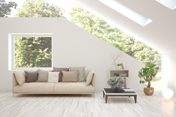 Bright interior design with modern furniture and summer landscape in window. 3D illustration