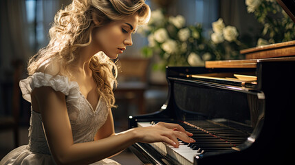 A young blonde woman plays a piano - obrazy, fototapety, plakaty