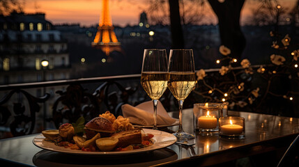Dinner in a restaurant in the background you can see a glowing Eiffel Tower in the evening