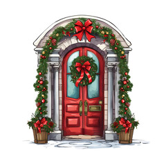 Fototapeta na wymiar Christmas door. watercolor illustration. winter clipart