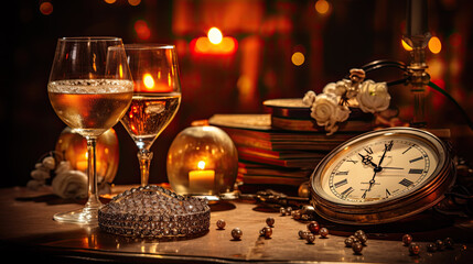 Two wine glasses and a clock and books lie on the table with burning candles