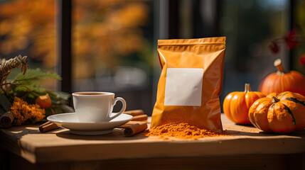 ground orange pumpkin powder and a plastic bag next to it. mockup template for products - obrazy, fototapety, plakaty