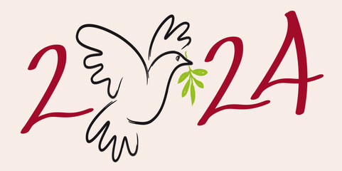 Illustration au trait d’une colombe avec un rameau d’olivier, pour souhaiter une année 2024 sous le signe utopique de la paix dans le monde. - 661005662