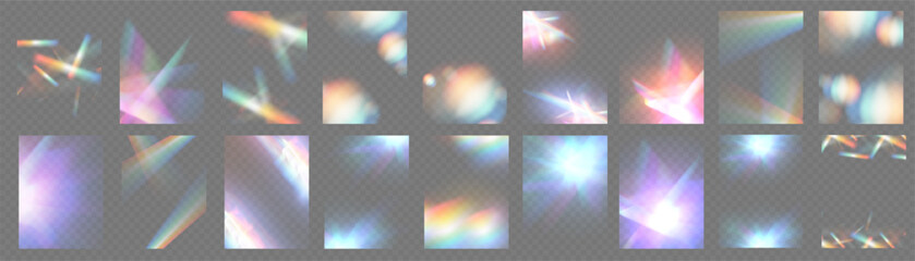 Crystal light glasses effect sparkle prism glare reflection effect. Banner optical rainbow lights, glare, leak, streak overlay. falling confetti. Vector banner colorful vector lenses and light flares.