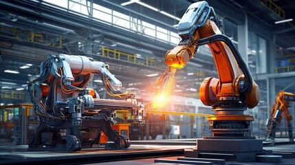 IOT software to control robot arms operations for smart industry automation manufacturing, mixed digital 3d illustration and matte painting