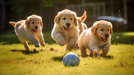 Group of adorable puppies participating in a socialization lesson. Pets playing together, posing for the camera, and interacting with each other in a friendly manner. Playful nature and curiosity.