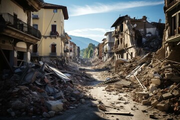 Destruction caused by a historic earthquake in Amatrice, Italy on 24/8/2016. Generative AI - obrazy, fototapety, plakaty