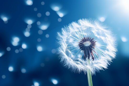 a close up of a dandelion on a blue backdrop with a blurred image of the flower in the center. Generative AI