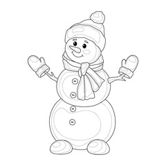 Snowman in a hat, scarf and mittens. Black and white image. Coloring.
