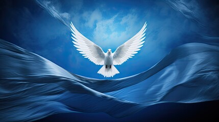Dove of peace against the background of sky and colors of the Israeli flag. Generative AI