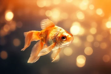 Fotobehang Beautiful glowing goldfish in a fantasy bokeh background. Generative AI © Indigo