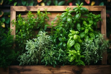 Close-up shot of fresh basil and rosemary plants in a frame. Generative AI