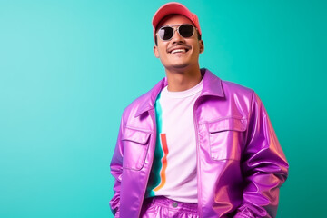 Gen-z handsome asian fashionable male, wearing neon stylish clothes, happy, smiling, retro style in the style of Vaporwave fashion