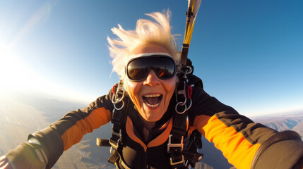 Happy old mature woman taking selfie picture while sky diving