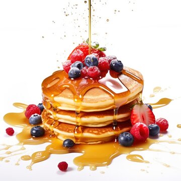 Delicious fantastic American pancakes with syrup composition, beautifully decorated, food photography isolated on white background