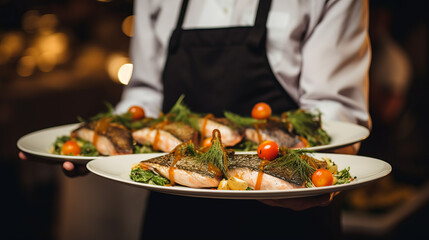 Waiter carrying plates with fish dish on some festive event, party or wedding reception restaurant