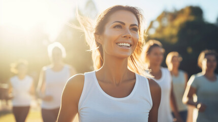 Happy smiling woman in her 40s or 50s wearing white shirt standing at starting line of run doing...