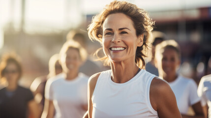 Happy smiling woman in her 40s or 50s wearing white shirt standing at starting line of run doing...