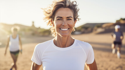 Happy smiling woman in her 40s or 50s wearing white shirt standing at starting line of run doing outdoor sports on sunny day - obrazy, fototapety, plakaty