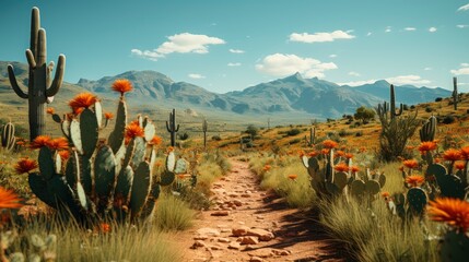 Orange desert with green cactuses , Background Image,Desktop Wallpaper Backgrounds, HD - obrazy, fototapety, plakaty