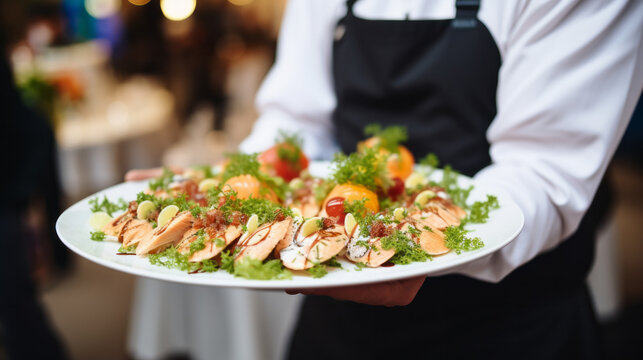 Waiter carrying plates with fish dish on some festive event, party or wedding reception restaurant