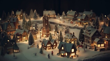Christmas winter village landscape, bokeh lights and illumination.