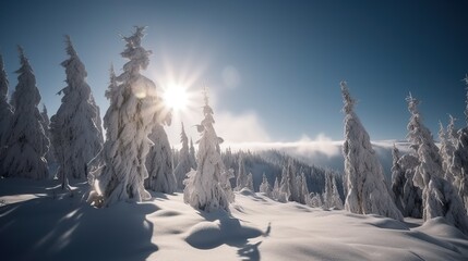 Winter beautiful mountain landscape with trees covered hoarfrost and bright sunlights.