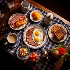 Top view of a fresh, delicious, wholesome and nutritious German breakfast meal composition, beautifully decorated, food photography