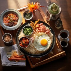 Top view of a fresh, delicious, wholesome and nutritious Korean breakfast meal composition, beautifully decorated, food photography