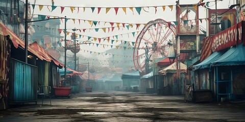 Photo of a dreary abandoned carnival with a haunting ferris wheel towering over the empty streets