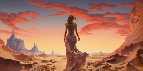Photo of a woman standing in a desert, captured in a painting - obrazy, fototapety, plakaty
