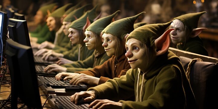 a group of terrible elves working on computers