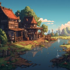 Obraz premium a picturesque riverside village painting