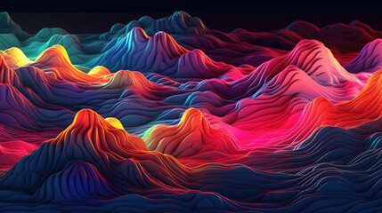 An abstract digital landscape relief with luminous edges, creating a sense of depth and intrigue through vibrant illuminated contours - obrazy, fototapety, plakaty