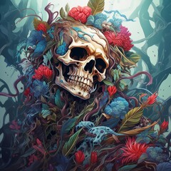 a skull with flowers on its head, a unique and vibrant painting