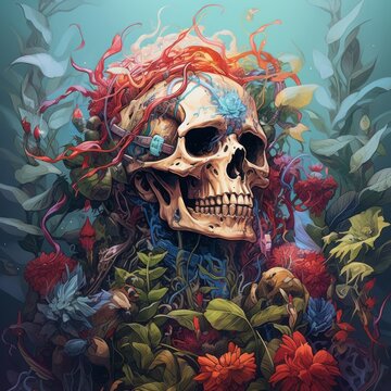 a skull surrounded by flowers in a vibrant and symbolic painting