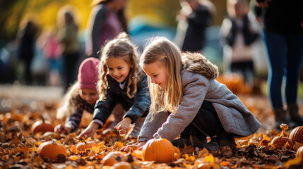 children play with pumpkins