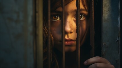 Little girl confined behind bars with dirty scratched face gazes with hope, evoking heart wrenching concept of child kidnapping, safeguarding children from abduction and harm - obrazy, fototapety, plakaty