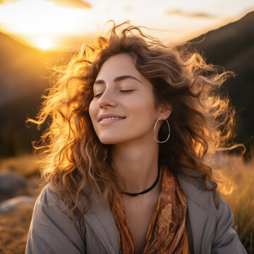 Portrait of happy woman, enjoying sunset. Closed eyes in field.